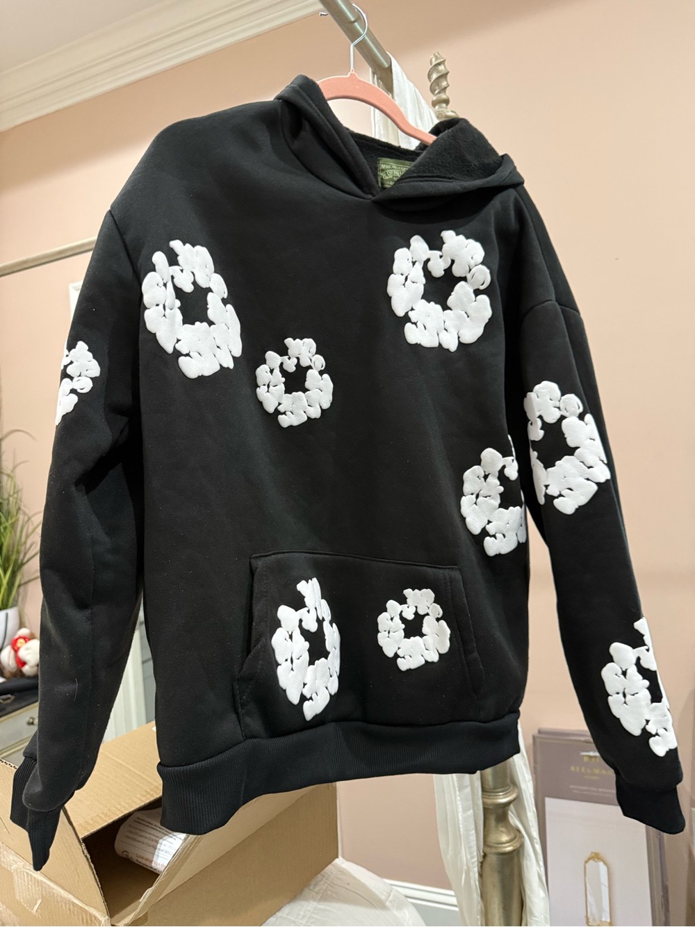 Black Denim tears hoodie with White Floral Puff Appliqué